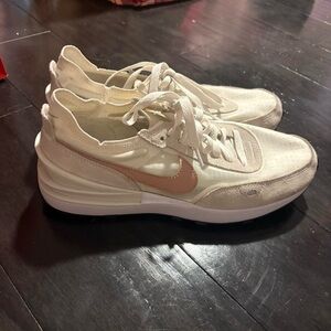 Nike Women's Cream Sneakers with Pink Swoosh